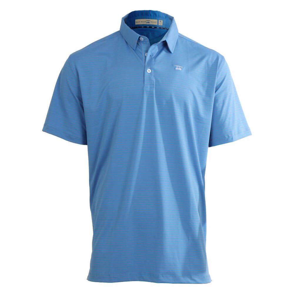 NEW BALD HEAD BLUES men's albatross polo in azure blue / coral stripe